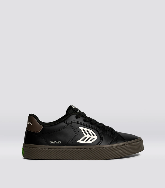 SALVAS Teak Black Leather Ivory Logo Sneaker
