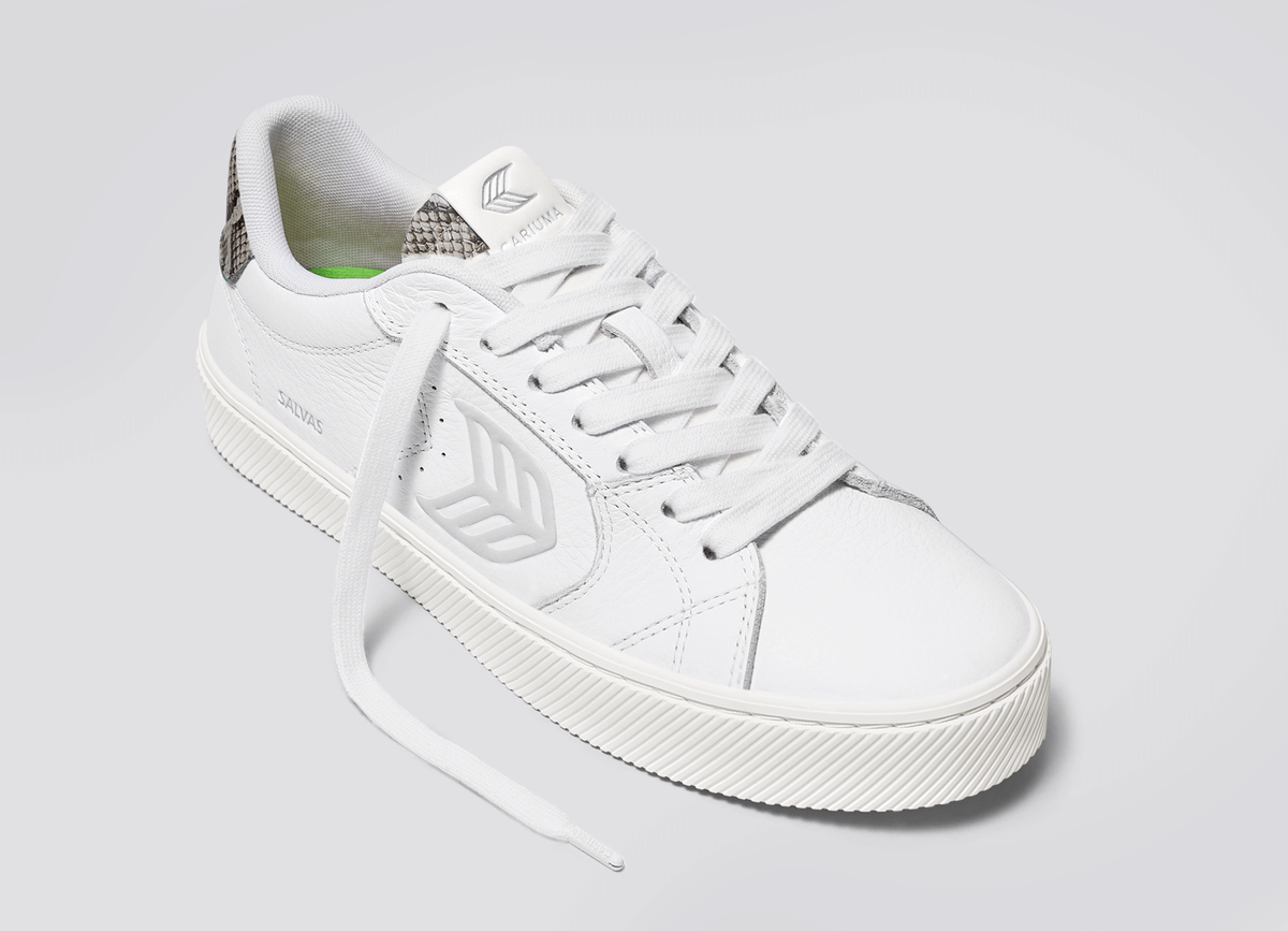 SALVAS White Leather Silver Cloud Logo Snake Skin Print Sneaker