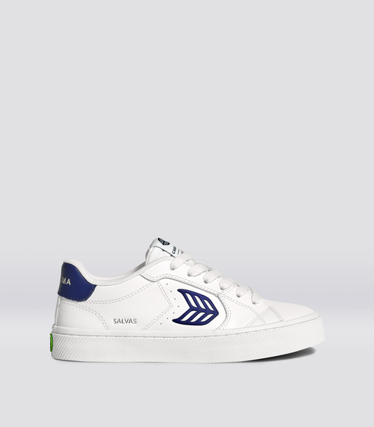 SALVAS White Leather Bright Navy Logo Sneaker