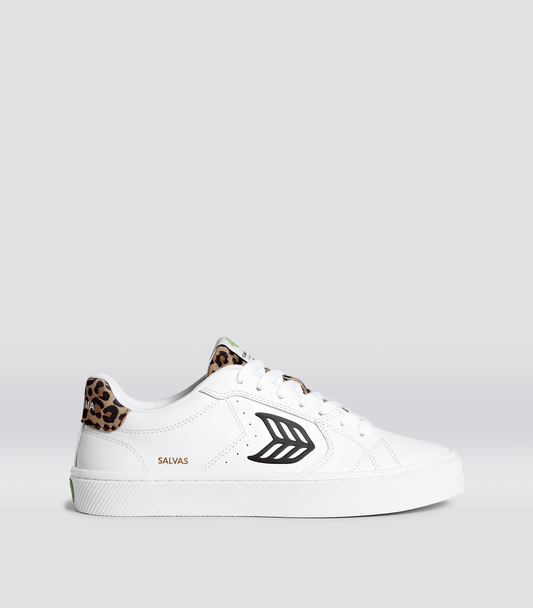 SALVAS White Leather Black Logo Leopard Print Sneaker