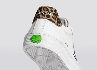 SALVAS White Leather Black Logo Leopard Print Sneaker